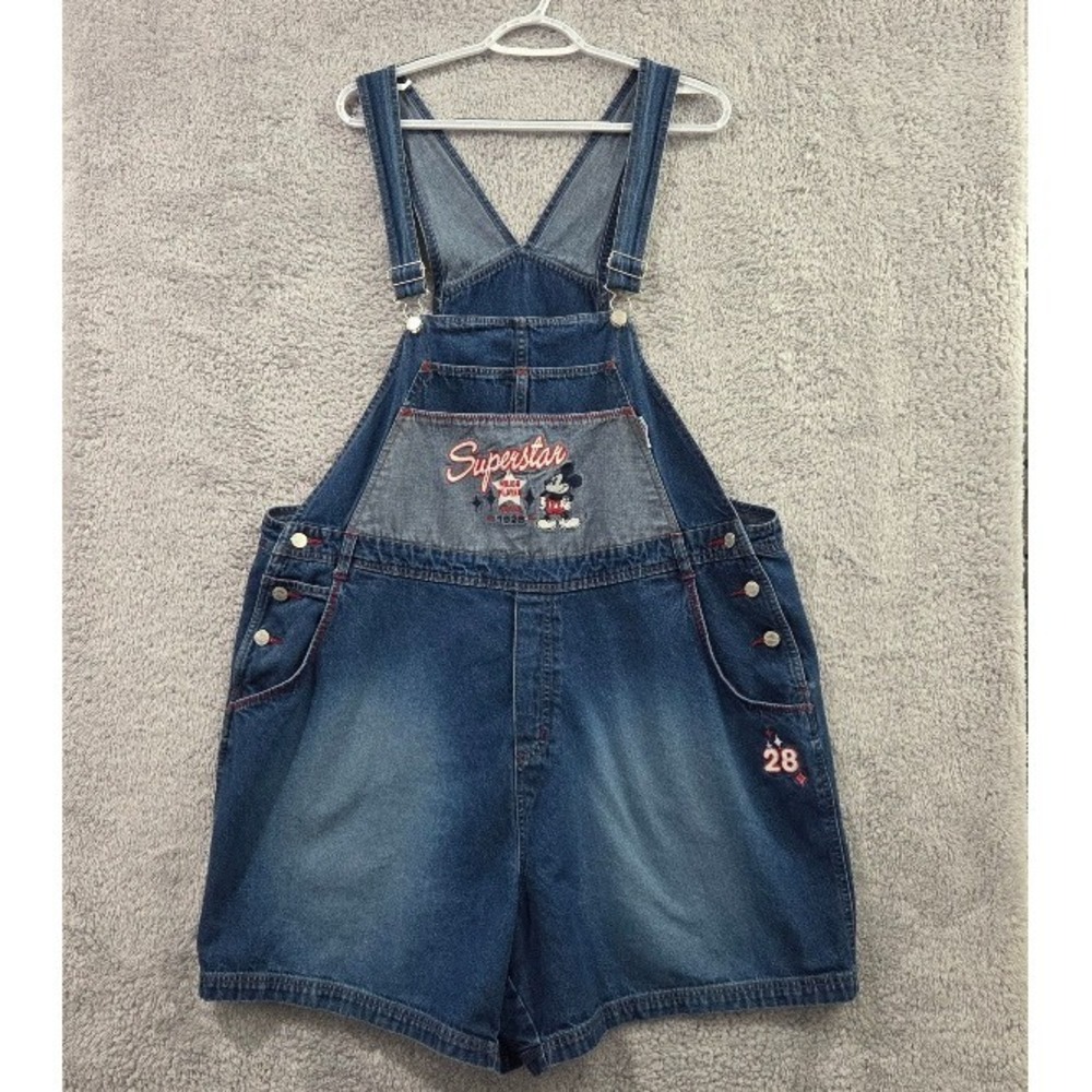 Vtg Disney Mickey Mouse Denim Overalls Shorts Womens 22W 24W Plus Shortalls 90s